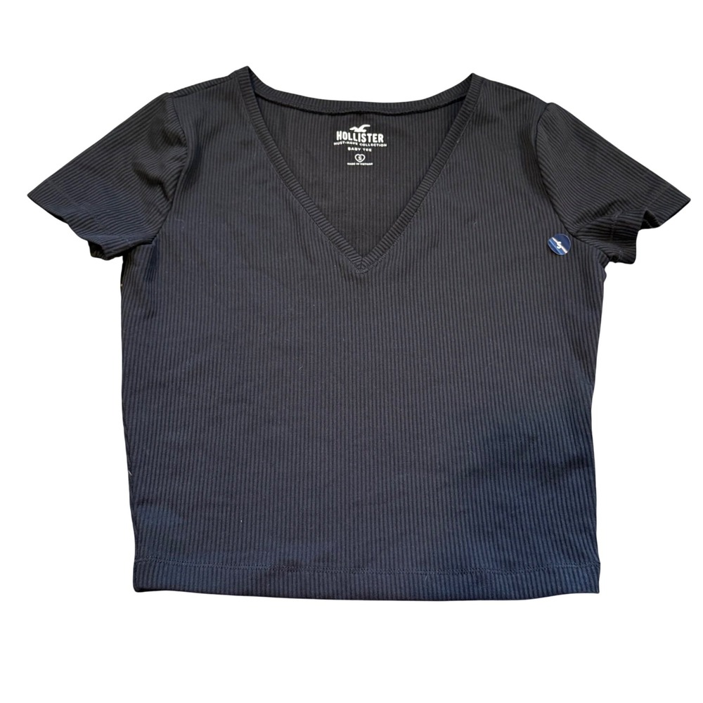Hollister Must-Have Collection Black Ribbed V-Neck Baby Tee Short Sleeve Small